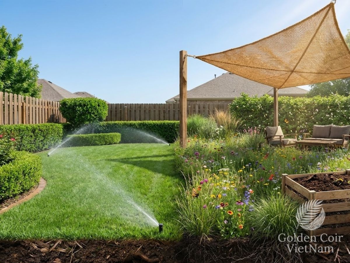 Water-wise backyard landscape with lawn irrigation sprinklers and a natural coconut coir shade sail over a seating area.