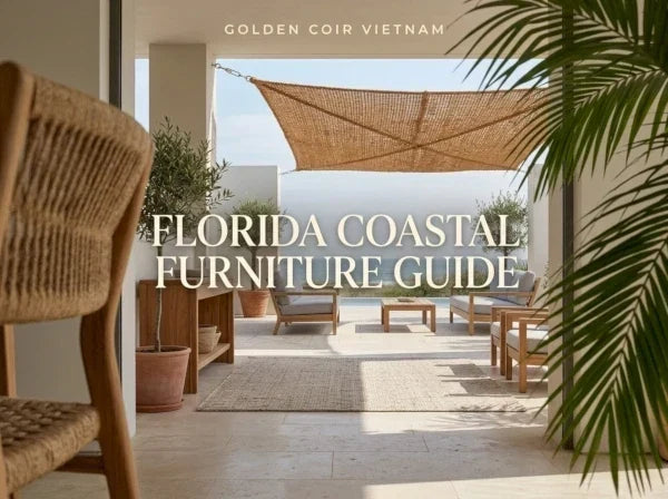 Florida coastal furniture guide with natural wood seating and coconut coir shade sail
