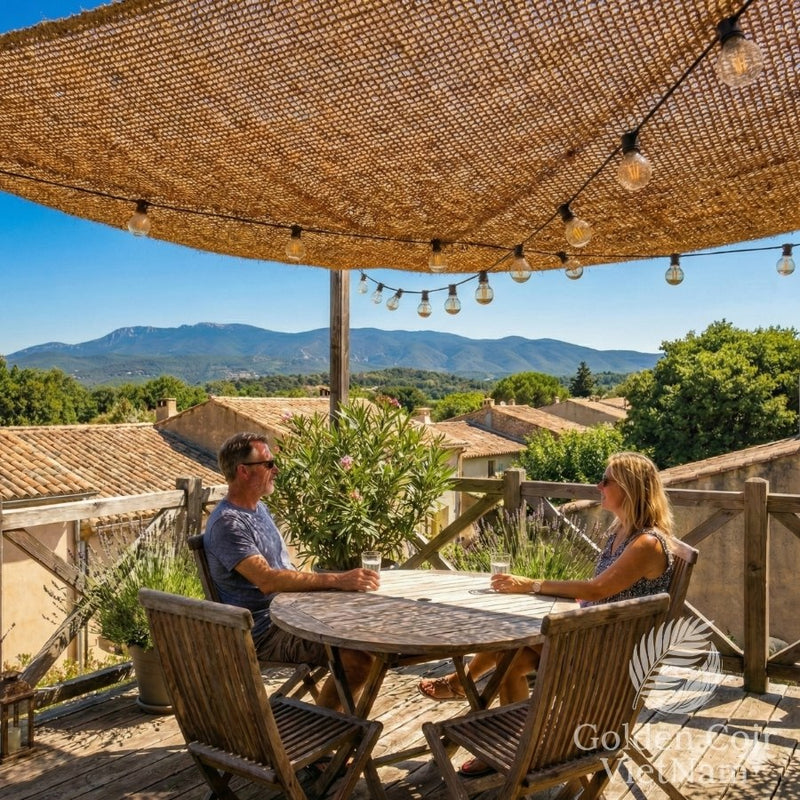 Two people sitting at a table under a large woven umbrella with a scenic background.