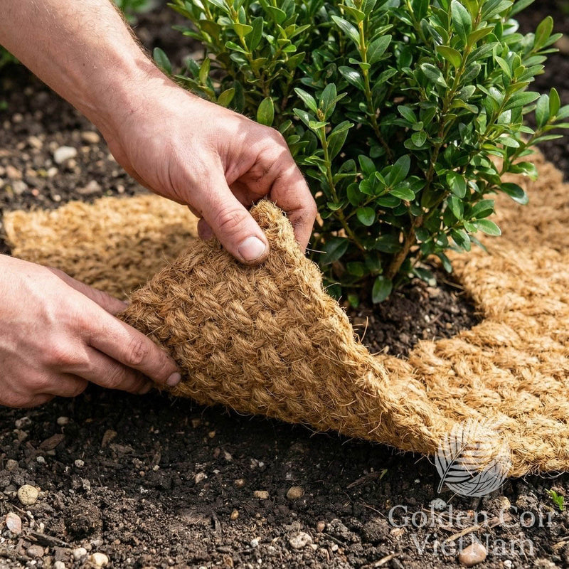 Person using coir rope to create a border around a plant in a garden
