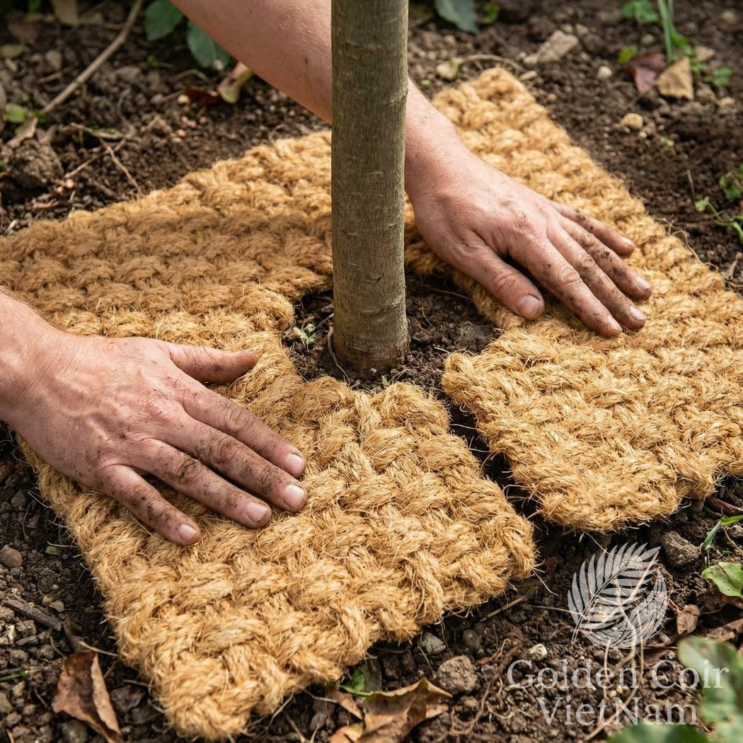 Coir mat being used to cover a tree's root ball in a garden setting.